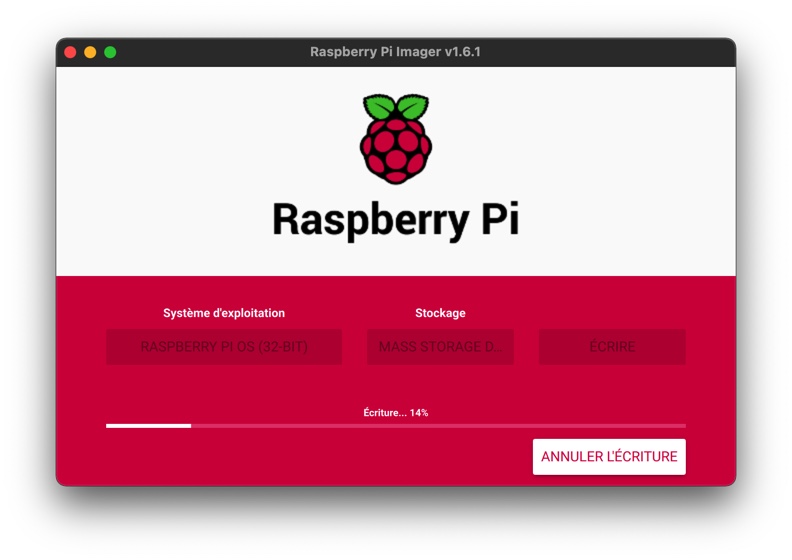 Ecriture de l'image sur la carte SD en cours
